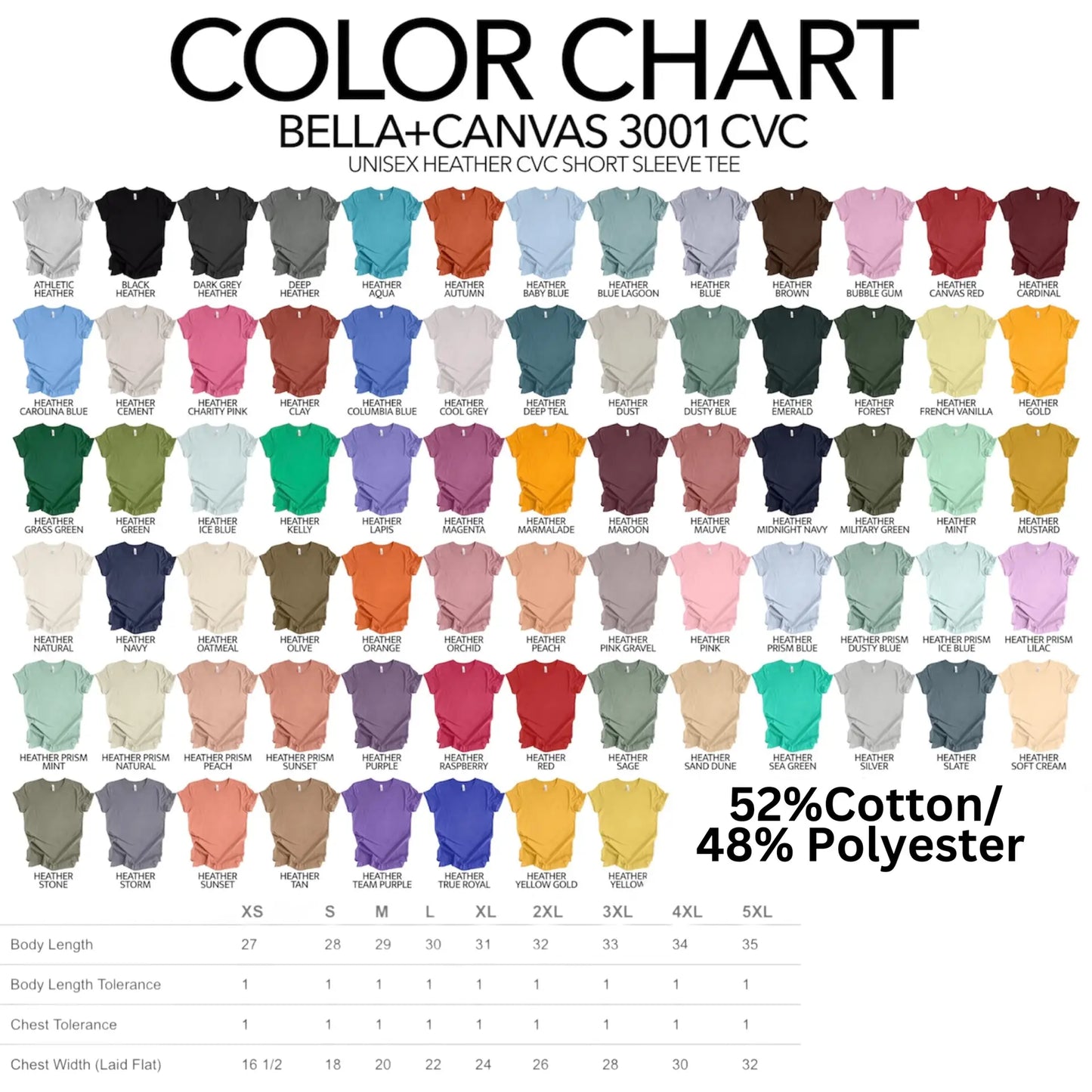 Color chart for Bella+Canvas 3001 CVC short sleeve tees with various colors and specifications.