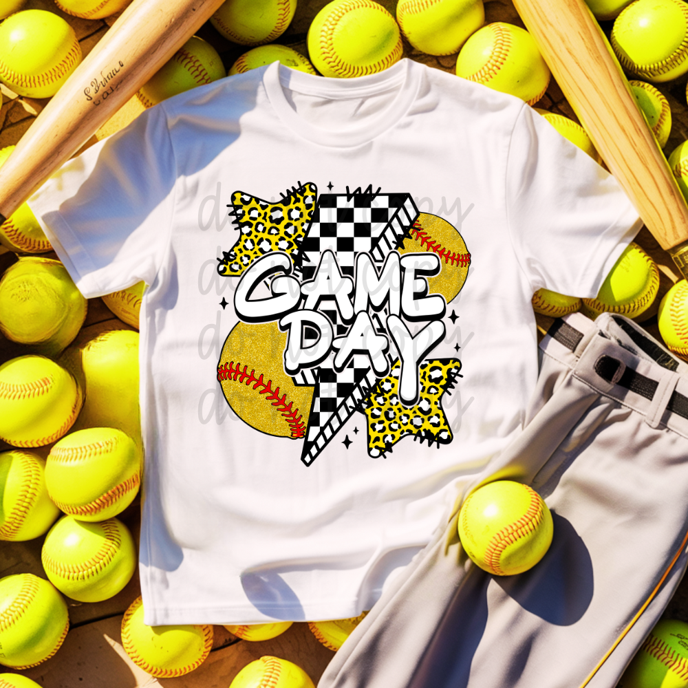 White t-shirt with 'Game Day' design on a background of yellow softballs and baseball bats.