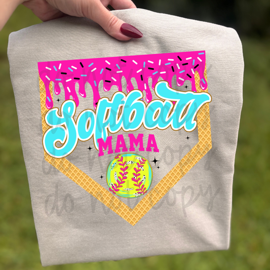Gray sweatshirt with 'Softball Mama' design held by a hand against a green background