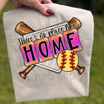 Gray shirt with 'There's no place like home' graphic featuring baseball bats and a softball on a grassy background.