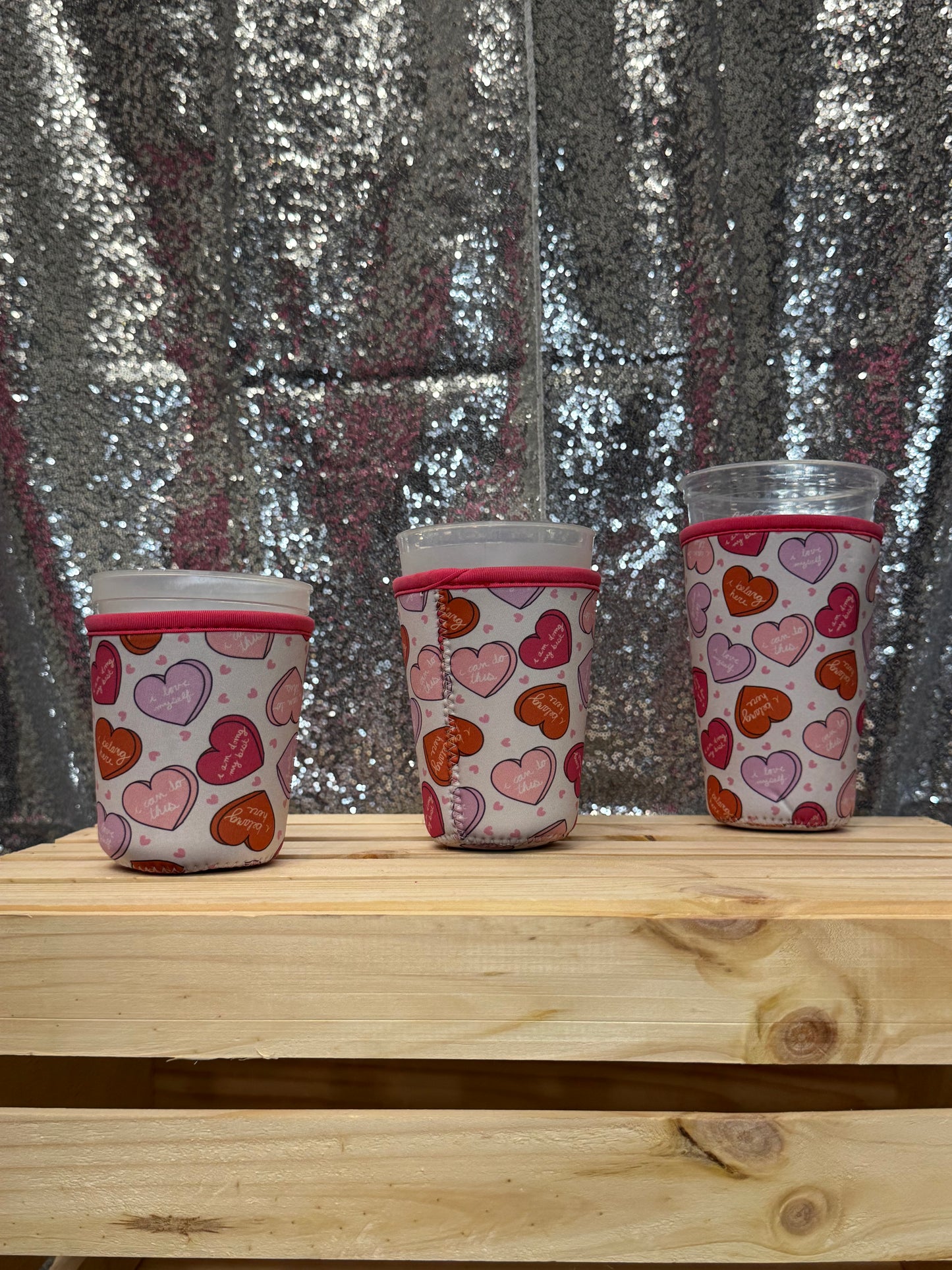 Reusable Iced Coffee Sleeve - Positive Affirmations Conversation Hearts