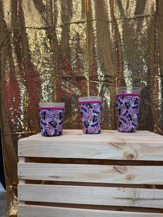 Reusable Iced Coffee Sleeve - Mardi Gras Collage