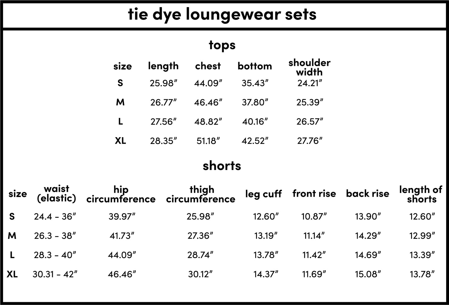 Measurement chart for loungewear sets including tops and shorts with size specifications.