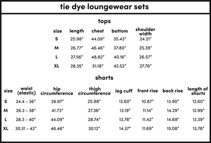 Measurement chart for loungewear sets including tops and shorts with size specifications.