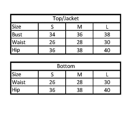 Measurement chart for Disco Cowgirl top sizes S (Bust 34, Waist 26, Hip 36), M (Bust 36, Waist 28, Hip 38) L (Bust 38, Waist 30, Hip 40).
